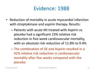 Evidence: 1988
• Reduction of mortality in acute myocardial infarction
with streptokinase and aspirin therapy. Results:
– Patients with acute MI treated with Aspirin vs.
placebo had a significant 23% relative risk
reduction in five-week cardiovascular mortality,
with an absolute risk reduction of 11.8% to 9.4%
– The combination of SK and Aspirin resulted in a
42% relative risk reduction in cardiovascular
mortality after five weeks compared with the
placebo
23 January 2015 12Evidence Based Medicine
 