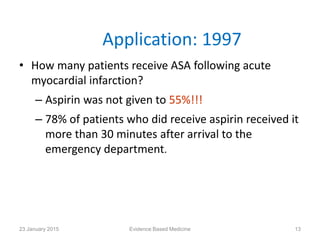 Application: 1997
• How many patients receive ASA following acute
myocardial infarction?
– Aspirin was not given to 55%!!!
– 78% of patients who did receive aspirin received it
more than 30 minutes after arrival to the
emergency department.
Annals of Intern Medicine. Jul 1997;127(2):12623 January 2015 13Evidence Based Medicine
 