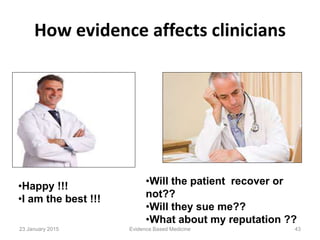 How evidence affects clinicians
•Happy !!!
•I am the best !!!
•Will the patient recover or
not??
•Will they sue me??
•What about my reputation ??
23 January 2015 43Evidence Based Medicine
 