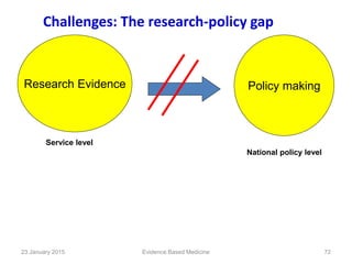 Research Evidence Policy making
Challenges: The research-policy gap
Service level
National policy level
Evidence Based Medicine23 January 2015 72
 