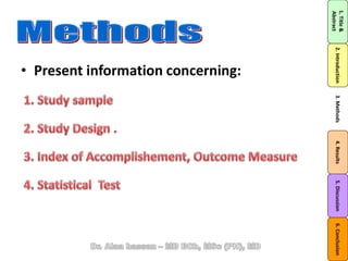 • Present information concerning:
1.Title&
Abstract
2.Introduction3.Methods4.Results5.Discussion6.Conclusion
 