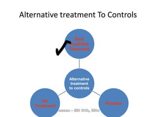 Alternative treatment To Controls
Alternative
treatment
to controls
Best
Available
Treatment
Placebo
No
Treatment
 