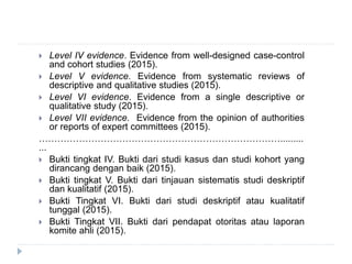  Level IV evidence. Evidence from well-designed case-control
and cohort studies (2015).
 Level V evidence. Evidence from systematic reviews of
descriptive and qualitative studies (2015).
 Level VI evidence. Evidence from a single descriptive or
qualitative study (2015).
 Level VII evidence. Evidence from the opinion of authorities
or reports of expert committees (2015).
…………………………………………………………………….........
...
 Bukti tingkat IV. Bukti dari studi kasus dan studi kohort yang
dirancang dengan baik (2015).
 Bukti tingkat V. Bukti dari tinjauan sistematis studi deskriptif
dan kualitatif (2015).
 Bukti Tingkat VI. Bukti dari studi deskriptif atau kualitatif
tunggal (2015).
 Bukti Tingkat VII. Bukti dari pendapat otoritas atau laporan
komite ahli (2015).
 
