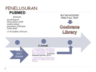 PENELUSURAN
PUBMED
BOOLEAN :
psychological
interventions AND
needle-related
procedures AND pain
AND child*
( 5 th terakhir, full text)
2 Jurnal:
* Psychological interventions
for needle-related procedural
pain and distress in children
and adolescents. (Cochrane
Database Syst Rev. 2013)
* Understanding needle-related
distress in children with cystic
fibrosis.
Which
one I
choose
n
BUT NO ACCESS!!
FREE FULL TEXT
 