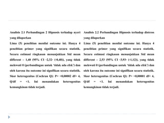 Analisis 2.1 Perbandingan 2 Hipnosis terhadap nyeri
yang dilaporkan
Lima (5) penelitian menilai outcome ini. Hanya 4
penelitian primer yang signifikan secara statistik.
Secara estimasi ringkasan menunjukkan Std mean
different – 1,40 (95% CI -2,32- (-0,48)), yang tidak
melewati 0 (perbandingan untuk ‘tidak ada efek’) dan
oleh karena itu outcome ini signifikan secara statistik.
Skor heterogenitas (Cochran Q): P= <0,00002 df= 4,
Q/df = <1. Ini menandakan heterogenitas
kemungkinan tidak terjadi.
Analisis 2.2 Perbandingan Hipnosis terhadap distress
yang dilaporkan
Lima (5) penelitian menilai outcome ini. Hanya 4
penelitian primer yang signifikan secara statistik.
Secara estimasi ringkasan menunjukkan Std mean
different – 2,53 (95% CI -3,93- (-1,12)), yang tidak
melewati 0 (perbandingan untuk ‘tidak ada efek’) dan
oleh karena itu outcome ini signifikan secara statistik.
Skor heterogenitas (Cochran Q): P= <0,00001 df= 4,
Q/df = <1. Ini menandakan heterogenitas
kemungkinan tidak terjadi.
 