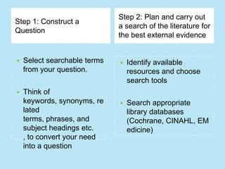 Step 2: Plan and carry out
Step 1: Construct a
                              a search of the literature for
Question
                              the best external evidence


   Select searchable terms      Identify available
    from your question.           resources and choose
                                  search tools
   Think of
    keywords, synonyms, re       Search appropriate
    lated                         library databases
    terms, phrases, and           (Cochrane, CINAHL, EM
    subject headings etc.         edicine)
    , to convert your need
    into a question
 