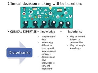 Clinical decision making will be based on:
• CLINICAL EXPERTISE = Knowledge + Experience
• May be out of
date
• Increasingly
difficult to
keep up with
New ideas and
concepts
• Acquisition of
new
knowledge is
slow and
haphazard
• May be limited
Subject to
personal bias
• May out weigh
knowledge
Drawbacks
 