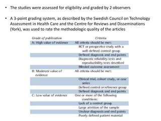 • The studies were assessed for eligibility and graded by 2 observers
• A 3-point grading system, as described by the Swedish Council on Technology
Assessment in Health Care and the Centre for Reviews and Disseminations
(York), was used to rate the methodologic quality of the articles
 