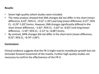 Results:
• Seven high-quality cohort studies were included.
• The meta-analysis showed that SNA changes did not differ in the short (mean
difference, 0.43°; 95% CI, −0.52°-1.39°) and long (mean difference, 0.37°; 95%
CI, −0.29°-1.03°) terms. However, SNB changes significantly differed in the
short (mean difference, −1.62°; 95% CI, −2.62° to −0.62°) and long (mean
difference, −1.50°; 95% CI, −2.12° to −0.88°) terms.
• By contrast, MPA changes did not differ in the short term (mean difference,
0.55°; 95% CI, −0.74°-1.84°).
Conclusions:
Clinical evidence suggests that the FR-3 might restrict mandibular growth but not
stimulate forward movement of the maxilla. Further high-quality studies are
necessary to confirm the effectiveness of the FR-3.
 