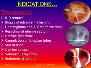 INDICATIONS… 
Therapeutic: 
 IUD removal 
 Biopsy of intrauterine lesions 
 Hemangioma and A-V malformations 
 Resection of uterine septum 
 Uterine synechiae 
 Cannulation of fallopian tubes 
 Sterilization . 
 Uterine polyps. 
 Submucous myomas. 
 Endometrial ablation. 
27-Nov-14 Dr Shashwat Jani. 9909944160 12 
 