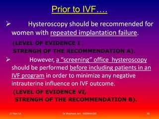 Prior to IVF…. 
 Hysteroscopy should be recommended for 
women with repeated implantation failure. 
(LEVEL OF EVIDENCE I , 
STRENGH OF THE RECOMMENDATION A). 
 However, a “screening” office hysteroscopy 
should be performed before including patients in an 
IVF program in order to minimize any negative 
intrauterine influence on IVF outcome. 
(LEVEL OF EVIDENCE VI, 
STRENGH OF THE RECOMMENDATION B). 
27-Nov-14 Dr Shashwat Jani. 9909944160 30 
 
