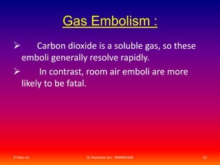 Gas Embolism : 
 Carbon dioxide is a soluble gas, so these 
emboli generally resolve rapidly. 
 In contrast, room air emboli are more 
likely to be fatal. 
27-Nov-14 Dr Shashwat Jani. 9909944160 52 
 