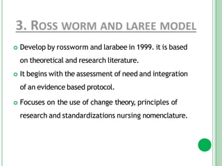  Develop by rossworm and larabee in 1999. it is based
on theoretical and research literature.
 It begins with the assessment of need and integration
of an evidence based protocol.
 Focuses on the use of change theory, principles of
research and standardizations nursing nomenclature.
 