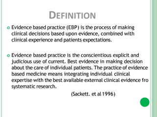  Evidence based practice (EBP) is the process of making
clinical decisions based upon evidence, combined with
clinical experience and patients expectations.
 Evidence based practice is the conscientious explicit and
judicious use of current. Best evidence in making decision
about the care of individual patients. The practice of evidence
based medicine means integrating individual clinical
expertise with the best available external clinical evidence fro
systematic research.
(Sackett. et al1996)
 
