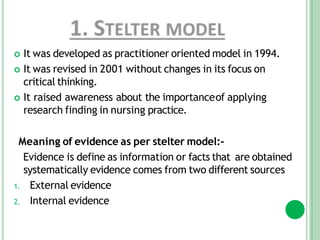  It was developed as practitioner oriented model in 1994.
 It was revised in 2001 without changes in its focus on
critical thinking.
 It raised awareness about the importanceof applying
research finding in nursing practice.
Meaning of evidence as per stelter model:-
Evidence is define as information or facts that are obtained
systematically evidence comes from two different sources
1. External evidence
2. Internal evidence
 