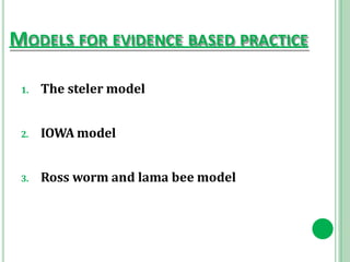 MODELS FOR EVIDENCE BASED PRACTICE
1. The steler model
2. IOWA model
3. Ross worm and lama bee model
 