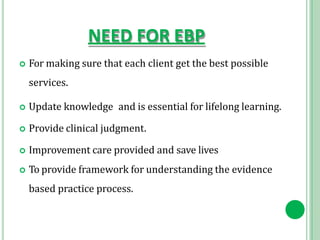 NEED FOR EBP
 For making sure that each client get the best possible
services.
 Update knowledge and is essential for lifelong learning.
 Provide clinical judgment.
 Improvement care provided and save lives
 To provide framework for understanding the evidence
based practice process.
 