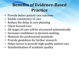 Benefits of Evidence-Based
Practice
• Provide better patient care outcome
• Enable consistency of care
• Reduce the delay in care planning
• Client focused care
• All stages of care will be structured systematically
• Increases confidence in decision-making
• Maintain the professional standards
• Provide guidelines for further research
• Helps nurses to provide high quality patient care
• Standardization of academic quality
 