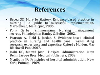 References
• Beyea SC, Mary Jo Slattery. Evidence-based practice in
nursing : a guide to successful implementation.
Marblehead, Ma: Hcpro; 2006.
• Polly Gerber Zimmermann. Nursing management
secrets. Philadelphia: Hanley & Belfus; 2002.
• Pearson A, Field J, Jordan Z. Evidence-based clinical
practice in nursing and health care : assimilating
research, experience and expertise. Oxford ; Malden, Ma:
Blackwell Pub; 2007.
• Joshi DC, Mamta Joshi. Hospital administration. New
Delhi: Jaypee Bros. Medical Publishers; 2009.
• Mcgibony JR. Principles of hospital administration. New
York, Putnam; 1969.
 
