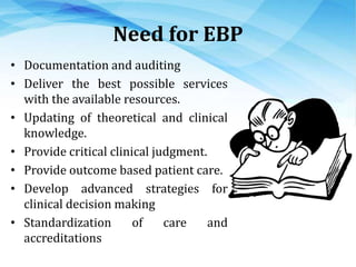 Need for EBP
• Documentation and auditing
• Deliver the best possible services
with the available resources.
• Updating of theoretical and clinical
knowledge.
• Provide critical clinical judgment.
• Provide outcome based patient care.
• Develop advanced strategies for
clinical decision making
• Standardization of care and
accreditations
 
