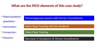 • Patient/problem/
population -
• Intervention -
• Comparison -
• Outcome -
Premenopausal women with Urinary Incontinence
Pelvic Floor Training with Bio feedback
Pelvic Floor Training
Decrease in Symptoms of Urinary Incontinence
What are the PICO elements of this case study?
 