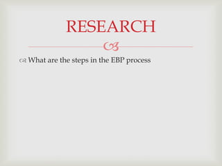 RESEARCH
What are the steps in the EBP process