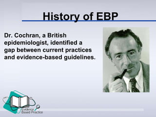 Dr. Cochran, a British
epidemiologist, identified a
gap between current practices
and evidence-based guidelines.
History of EBP
 