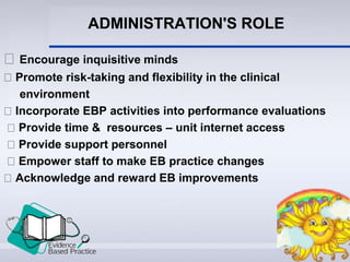 ADMINISTRATION'S ROLE
Encourage inquisitive minds
Promote risk-taking and flexibility in the clinical
environment
Incorporate EBP activities into performance evaluations
Provide time & resources – unit internet access
Provide support personnel
Empower staff to make EB practice changes
Acknowledge and reward EB improvements
 