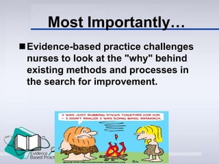 Most Importantly…
Evidence-based practice challenges
nurses to look at the "why" behind
existing methods and processes in
the search for improvement.
 