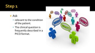  Ask
 relevant to the condition
of the patient.
 The clinical question is
frequently described in a
PICO format.
 
