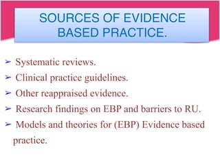 SOURCES OF EVIDENCE
BASED PRACTICE.
➢ Systematic reviews.
➢ Clinical practice guidelines.
➢ Other reappraised evidence.
➢ Research findings on EBP and barriers to RU.
➢ Models and theories for (EBP) Evidence based
practice.
 