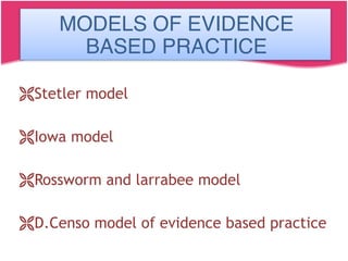 MODELS OF EVIDENCE BASED PRACTICE
!Stetler model
!Iowa model
!Rossworm and larrabee model
!D.Censo model of evidence based practice
MODELS OF EVIDENCE
BASED PRACTICE
 