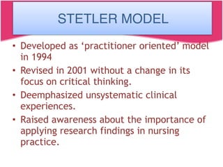 STETLER MODEL
• Developed as ‘practitioner oriented’ model
in 1994
• Revised in 2001 without a change in its
focus on critical thinking.
• Deemphasized unsystematic clinical
experiences.
• Raised awareness about the importance of
applying research findings in nursing
practice.
STETLER MODEL
 