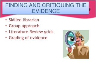 Finding and Critiquing the Evidence
• Skilled librarian
• Group approach
• Literature Review grids
• Grading of evidence
FINDING AND CRITIQUING THE
EVIDENCE
 