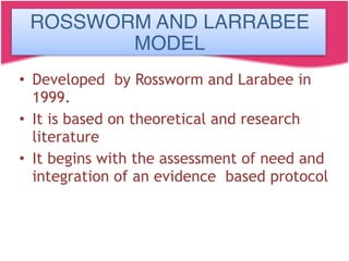 ROSSWORM AND LARRABEE MODEL
• Developed by Rossworm and Larabee in
1999.
• It is based on theoretical and research
literature
• It begins with the assessment of need and
integration of an evidence based protocol
ROSSWORM AND LARRABEE
MODEL
 