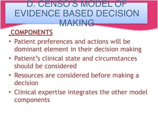 COMPONENTS
• Patient preferences and actions will be
dominant element in their decision making
• Patient’s clinical state and circumstances
should be considered
• Resources are considered before making a
decision
• Clinical expertise integrates the other model
components
D. CENSO’S MODEL OF
EVIDENCE BASED DECISION
MAKING
 