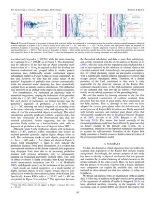 is evident only beyond a500 AU, while the same clustering
in ϖ appears for a250 AU, as in Figure 5. This discrepancy
may be indicative of the fact that an object somewhat more
massive than m′=10 m⊕ is required to shift the dividing line
between randomized and grouped orbits to smaller particle
semimajor axes. Additionally, apsidal conﬁnement appears
substantially tighter in Figure 8, than its nodal counterpart. To
this end, however, we note that the initial values of the
particles’ longitudes of perihelia were chosen systematically,
while the observed nodal clustering has been dynamically
sculpted from an initially uniform distribution. This difference
may therefore be an artifact of the employed initial conditions.
For completeness, we performed an additional suite of
numerical integrations, varying the inclination of the perturber
within the i 60, 180( )¢ Î  range, in increments of Δ i′=30°.
For each choice of inclination, we further iterated over the
perturber’s argument of perihelion 0, 360( )w¢ Î  with
Δ ω′=30°, retaining the initial longitude of ascending node
at the same (arbitrarily chosen) value and adjusting the initial
value of ϖ of the scattered disk objects accordingly. This set of
calculations generally produced synthetic scattered disks that
were less reminiscent of the observational data than our
nominal calculation, further suggesting that the distant
perturber likely resides on a low-inclination orbit, with an
argument of perihelion a few tens of degrees below 180°.
Although Figure 8 only emphasizes objects with inclinations
below i„40°, particles within simulations that feature an
inclined perturber generally explore highly oblique orbits as
well. The evolutionary tracks of such objects, projected onto
i − Δω, i - DW, and e v- D planes are shown in Figure 9,
where point transparency is taken to only indicate the
perihelion distance. From these illustrations, it is evident that
conventional members of the distant scattered disk population
may disappear from view due to an increasing perihelion
distance with growing inclination, only to subsequently
reappear on misaligned and highly inclined orbits. This form
of orbital evolution is likely associated with Kozai dynamics
inside mean-motion resonances (see Ch. 11 of Morbidelli
2002), and depends weakly on the inclination of the perturber.
Such results are indeed suggestive, as a small number of
highly inclined objects (whose origins remain elusive) does
indeed exist within the observational census of the Kuiper Belt.
Speciﬁcally, known KBOs with a>250 AU and i>40° are
overplotted in Figure 9 as red dots.16
The agreement between
the theoretical calculation and data is more than satisfactory,
and is fully consistent with the recent analysis of Gomes et al.
(2015), who also analyzed this population and concluded that it
can be best explained by the existence of a distant planet in the
extended scattered disk. Astonishingly, our proposed explana-
tion for orbital clustering signals an unexpected consistency
with a superﬁcially distinct inferred population of objects that
occupy grossly misaligned orbits. Therefore, if a distant
perturber of the kind considered in this work is truly
responsible for the observed structure of the Kuiper Belt,
continued characterization of the high-inclination component
of the scattered disk may provide an indirect observational
handle on the orbital parameters of the perturbing body.
We end this section by drawing attention to the fact that
while numerical construction of synthetic scattered disks
presented here has been of great utility, these simulations are
not fully realistic. That is, although in this work we have
adopted the current giant planet orbits for deﬁnitiveness, the
actual process of Kuiper Belt formation was likely associated
with initially eccentric and inclined giant planet orbits that
subsequently regularized due to dynamical friction (Tsiganis
et al. 2005; Levison et al. 2008; Batygin et al. 2011;
Nesvorný 2015). This means that initial assembly of the
clustered population could have been affected by processes that
no longer operate in the present solar system. As a
consequence, extension of the reported numerical simulations
to account for self-consistent formation of the Kuiper Belt
likely constitutes a fruitful avenue to further characterization of
the proposed perturbation model.
6. SUMMARY
To date, the distinctive orbital alignment observed within the
scattered disk population of the Kuiper Belt remains largely
unexplained. Accordingly, the primary purpose of this study
has been to identify a physical mechanism that can generate
and maintain the peculiar clustering of orbital elements in the
remote outskirts of the solar system. Here, we have proposed
that the process of resonant coupling with a distant, planetary
mass companion can explain the available data, and have
outlined an observational test that can validate or refute our
hypothesis.
We began our analysis with a re-examination of the available
data. To this end, in addition to the previously known grouping
of the arguments of perihelia (Trujillo & Sheppard 2014), we
have identiﬁed ancillary clustering in the longitude of the
ascending node of distant KBOs and showed that objects that
Figure 8. Dynamical footprint of a synthetic scattered disk generated within the framework of a simulation where the perturber with the nominal parameters (identical
to those employed in Figures 3–5) is taken to reside on an orbit with i′=30°, and initial ω ′=150° The left, middle, and right panels depict the longitude of
perihelion, longitude of ascending node, and argument of perihelion respectively, as in Figure 1. Clearly, alignment of particle orbits in physical space is well
reproduced beyond a>500 AU. Note, however, that unlike in Figure 1, which simply shows the available data, in this ﬁgure the apsidal and nodal lines are measured
with respect to those of the perturber. As in Figure 5, color and transparency are used as proxies for starting semimajor axis and observability.
16
Note that these objects do not appear in Figure 1 because they have
q<30 AU.
10
The Astronomical Journal, 151:22 (12pp), 2016 February Batygin & Brown
 