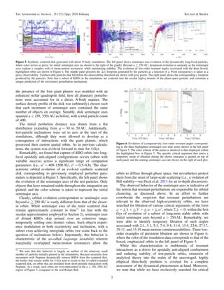 the presence of the four giant planets was modeled with an
enhanced stellar quadrupole ﬁeld, here all planetary perturba-
tions were accounted for in a direct, N-body manner. The
surface density proﬁle of the disk was (arbitrarily) chosen such
that each increment of semimajor axes contained the same
number of objects on average. Suitably, disk semimajor axes
spanned a 50, 550( )Î AU as before, with a total particle count
of 400.
The initial perihelion distance was drawn from a ﬂat
distribution extending from q=30 to 50 AU. Additionally,
test-particle inclinations were set to zero at the start of the
simulations, although they were allowed to develop as a
consequence of interactions with the giant planets, which
possessed their current spatial orbits. As in previous calcula-
tions, the system was evolved forward in time for 4 Gyr.
Remarkably, we found that capture of KBO orbits into long-
lived apsidally anti-aligned conﬁgurations occurs (albeit with
variable success) across a signiﬁcant range of companion
parameters (i.e., a′∼400–1500 AU, e′∼0.5–0.8). The char-
acteristic orbital evolution of an evolved synthetic scattered
disk corresponding to previously employed perturber para-
meters is depicted in Figure 5. Speciﬁcally, the left panel shows
the evolution of the semimajor axes of the test particles. Only
objects that have remained stable throughout the integration are
plotted, and the color scheme is taken to represent the initial
semimajor axis.
Clearly, orbital evolution correspondent to semimajor axes
beyond a250 AU is vastly different from that of the closer-
in orbits. While semimajor axes of the inner scattered disk
remain approximately constant in time11
(in line with the
secular approximation employed in Section 2), semimajor axes
of distant KBOs skip around over an extensive range,
temporarily settling onto distinct values. Such objects experi-
ence modulation in both eccentricity and inclination, with a
subset even achieving retrograde orbits (we come back to the
question of inclinations below). Importantly, this behavior is
characteristic of the so-called Lagrange instability wherein
marginally overlapped mean-motion resonances allow the
orbits to diffuse through phase space, but nevertheless protect
them from the onset of large-scale scattering (i.e., a violation of
Hill stability—see Deck et al. 2013 for an in-depth discussion).
The observed behavior of the semimajor axes is indicative of
the notion that resonant perturbations are responsible for orbital
clustering, as discussed above. In an effort to further
corroborate the suspicion that resonant perturbations are
relevant to the observed high-eccentricity orbits, we have
searched for libration of various critical arguments of the form
j j j j1 2 3 4j l l v v= + ¢ + + ¢, where Σ ji=0, within the ﬁrst
Gyr of evolution of a subset of long-term stable orbits with
initial semimajor axes beyond a>250 AU. Remarkably, we
were able to identify temporary libration of such angles
associated with 2:1, 3:1, 5:3, 7:4, 9:4, 11:4, 13:4, 23:6, 27:17,
29:17, and 33:19 mean-motion commensurabilities. Three low-
order examples of persistent libration are shown in Figure 6,
where the color of the simulation data corresponds to that of the
boxed, emphasized orbits in the left panel of Figure 5.
While this characterization is emblematic of resonant
interactions as a driver for apsidally anti-aligned conﬁnement
and enduring stability of test-particle orbits, extension of
analytical theory into the realm of the unaveraged, highly
elliptical three-body problem is coveted for a complete
assessment of the dynamical phenomenon at hand. Moreover,
we note that while we have exclusively searched for critical
Figure 5. Synthetic scattered disk generated with direct N-body simulations. The left panel shows semimajor axis evolution of the dynamically long-lived particles,
where color serves as proxy for initial semimajor axis (as shown to the right of the graph). Beyond a250 AU, dynamical evolution is unsteady as the semimajor
axes explore a complex web of mean-motion resonances while maintaining stability. The evolution of low-order resonant angles associated with the three boxed,
highlighted orbits are shown in Figure 6. The middle panel presents the Δϖ footprint generated by the particles as a function of a. Point transparency is taken as a
proxy observability. Unobservable particles that fall below the observability threshold are shown with gray points. The right panel shows the corresponding e footprint
produced by the particles. Note that a subset of KBOs in the simulations are scattered into the secular high-q domain of the phase-space portrait, and constitute a
unique prediction of the envisioned perturbation mechanism.
Figure 6. Evolution of (comparatively) low-order resonant angles correspond-
ing to the three highlighted semimajor axis time series shown in the left panel
of Figure 5. The color scheme of the points is identical to that employed within
the highlighted box in Figure 5. The speciﬁc critical argument that enters a
temporary mode of libration during the shown timespan is quoted on top of
each panel, and the starting semimajor axes are shown on the right of each plot.
11
We note that this behavior is largely an artifact of the relatively small
number of particles initially present in the simulations. Because recurrent close
encounters with Neptune dynamically remove KBOs from the scattered disk,
the bodies that remain stable for 4 Gyr tend to reside in the so-called extended
scattered disk, on orbits that are insulated from short-periodic interactions with
Neptune. As a result, such orbits are over-represented in the a 50, 250( )Î AU
region of Figure 5, compared to the real Kuiper Belt.
7
The Astronomical Journal, 151:22 (12pp), 2016 February Batygin & Brown
 