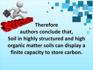 Therefore
authors conclude that,
Soil in highly structured and high
organic matter soils can display a
finite capacity to store carbon.
 