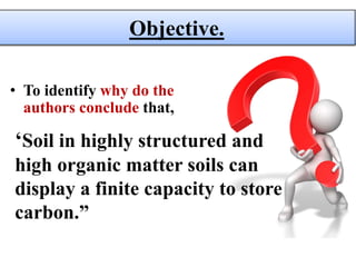• To identify why do the
authors conclude that,
Objective.
‘Soil in highly structured and
high organic matter soils can
display a finite capacity to store
carbon.”
Objective.
 