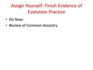 Assign Yourself: Finish Evidence of
Evolution Practice
• Do Now:
• Review of Common Ancestry
 
