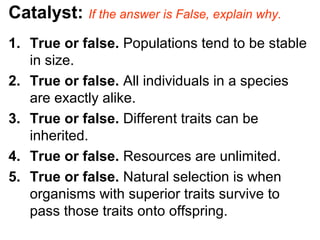 Catalyst: If the answer is False, explain why.
1. True or false. Populations tend to be stable
in size.
2. True or false. All individuals in a species
are exactly alike.
3. True or false. Different traits can be
inherited.
4. True or false. Resources are unlimited.
5. True or false. Natural selection is when
organisms with superior traits survive to
pass those traits onto offspring.
 