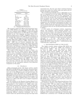 The Most Eccentric Exoplanet Known 3
TABLE 1
Stellar Parameters
Parameter Value
V 7.4
B − V 0.63
Distance (pc) 35.5 ± 0.8
Teﬀ (K) 5798 ± 44
log g 4.36 ± 0.06
v sin i (km s−1) 1.7 ± 0.5
[Fe/H] (dex) 0.01 ± 0.03
M⋆ (M⊙) 1.02 ± 0.02
R⋆ (R⊙) 1.09 ± 0.04
Age (Gyrs) 5.53 ± 1.43
3.1. Fundamental Parameters
We acquired a high S/N (300 second integration) spec-
trum of HD 20782 on the night of July 6th, 2014. The
data were acquired using CHIRON, a ﬁber-fed Echelle
spectrometer (Tokovinin et al. 2013; Brewer et al. 2014),
installed at the 1.5m telescope at Cerro Tololo Inter-
American Observatory (CTIO). CHIRON operates at a
ﬁxed wavelength range of 415–880 nm and a resolution of
R = 79, 000. The spectrum was modeled using the Spec-
troscopy Made Easy (SME) package, described in more
detail by Valenti & Piskunov (1996); Valenti & Fischer
(2005). SME uses an iterative technique that com-
bines model atmosphere analysis with Yonsei-Yale model
isochrones (Demarque et al. 2004) that utilize Hipparcos
photometry and distances (van Leeuwen 2007a,b). This
approach produces a self-consistent convergence with the
measured surface gravity (Valenti et al. 2009).
The results of this analysis are shown in Table 1, in-
cluding values for the surface gravity log g, rotational
velocity v sin i, atmospheric abundance [Fe/H], eﬀective
temperature Teﬀ and stellar isochrone solution (mass M⋆,
radius R⋆, and age). These parameters are consistent
with previous estimates of the stellar properties, such as
those calculated by Takeda et al. (2007). The revised
parameters demonstrate that HD 20782 is quite simi-
lar to the Sun, with the mass and radius being crucial
properties for the subsequent analysis of the planetary
companion in this paper.
3.2. Abundances
Both components of the wide binary system, namely
HD 20781 and HD 20782, have had their elemental abun-
dances measured by a number of diﬀerent authors. How-
ever, due to the diﬀerence in size and spectral type, the
abundances within HD 20782 are easier to determine.
While half as many groups have measured HD 20781 than
HD 20782, there does remain some overlap by some, such
as Neves et al. (2009), Delgado Mena et al. (2010), and
Mack et al. (2014) who did a more in-depth comparison
of the two stars.
Per the analysis in the Hypatia Catalog (Hinkel et al.
2014), the individual abundances within both stars were
renormalized to the Lodders et al. (2009) solar scale.
The largest measurement discrepancy between datasets,
known as the spread, was used to better quantify the
uniformity, or lack thereof, between measurements. This
technique was implemented in the Hypatia Catalog to
better understand the variation in abundances seen when
employing diﬀerent reduction techniques, due to in-
stances where the spread between groups was larger than
associated error. For the cases where variations between
groups were small, the median value was used as the ul-
timate abundance measurement.
The overall median [Fe/H] content in HD 20781 was 0.1
dex, as compared to 0.15 dex within HD 20782, where
the spread was 0.03 dex and 0.17 dex, respectively. In
other words, the groups that measured HD 20781, while
fewer in number, were in closer agreement regarding the
iron abundance than those that measured HD 20782.
The [Fe/H] determinations for both stars are disparate
compared to the abundances determined by Mack et al.
(2014), which are not part of the Hypatia Catalog, who
measured 0.04±0.03 and -0.02±0.02, respectively. These
are consistent with our new [Fe/H] determination shown
in Table 1.
A wide variety of α-elements (carbon, magnesium,
silicon, and titanium), odd-Z elements (sodium, alu-
minum, and scandium), and iron-peak elements (vana-
dium, chromium, cobalt, and nickel) have been measured
for both stars. For all elements except for [Na/Fe], the
abundance measurements for HD 20781 and HD 20782
were found to be consistent to within error and markedly
sub-solar, or ∼ -0.1 dex. The [Na/Fe] content in
HD 20782 was found to be ∼ 2.5 more than in the com-
panion HD 20781, where [Na/Fe] = -0.09±0.06 dex and
-0.22±0.04 dex, respectively.
4. THE KEPLERIAN ORBIT OF THE PLANET
The highly eccentric planet orbiting HD 20782 was
ﬁrst reported in Jones et al. (2006) and updated in
O’Toole et al. (2009). We now present a further
six years of radial velocity data from the Anglo-
Australian Planet Search (AAPS). The AAPS is one
of the world’s longest-running planet searches, with
more than 40 planet discoveries in its 16 years of
operation (e.g. Butler et al. 2001; Jones et al. 2010;
Vogt et al. 2010; Wittenmyer et al. 2012; Tinney et al.
2011; Wittenmyer et al. 2014). HD 20782 has been ob-
served on 52 epochs from 1998 Aug 9 to 2013 Sep 19
(Table 2). Precision Doppler measurements are obtained
with the UCLES echelle spectrograph (Diego et al. 1990)
at the 3.9 m Anglo-Australian Telescope (AAT). A 1-
arcsecond slit delivers a resolving power of R ∼45,000.
Calibration of the spectrograph point-spread function is
achieved using an iodine absorption cell temperature-
controlled at 60.0±0.1o
C. The iodine cell superimposes
a forest of narrow absorption lines from 5000 to 6200 ˚A,
allowing simultaneous calibration of instrumental drifts
as well as a precise wavelength reference (Valenti et al.
1995; Butler et al. 1996). The result is a precise ra-
dial velocity shift measured relative to the epoch of
the iodine-free “template” spectrum. AAT velocities for
HD 20782 span a total of 15 years and have a mean in-
ternal uncertainty of 2.4 m s−1
.
Orbital ﬁts to the AAT data allowed predictions of the
next periastron passage of the planet, estimated to be
15 January 2015. We were able to observe HD 20782
during that passage using the Physical Research Lab-
oratory (PRL) optical ﬁber-fed high-resolution cross-
dispersed echelle spectrograph (PARAS) with the Mount
Abu 1.2 m telescope in India. The PARAS spectro-
graph is temperature-controlled at 25.55±0.01o
C in an
enclosure that is pressure-controlled at 0.10±0.03 mbar.
PARAS has a resolution of R ∼67,000 and obtains RV
 