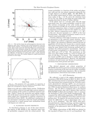 The Most Eccentric Exoplanet Known 7
10 5 0 −5 −10
−10
−5
0
5
10
10 5 0 −5 −10
∆ α* (mas)
−10
−5
0
5
10
∆δ(mas)
Fig. 4.— The red line shows the orbital signature detected in the
Hipparcos data when combined with orbital parameters from the
radial velocity solution. As projected on sky, North is up and East
is left. Open circles mark the individual Hipparcos measurements.
Dashed lines with orientation along the scan angle ψ and length
given by the residual of the orbital solution connect the measure-
ments with the predicted location from our model. This illustrates
the diﬃculty of detecting an orbit with such a small projected
semi-major axis, given the median Hipparcos single-measurement
precision on this target.
Fig. 5.— The projected (AU) and angular (′′) separation of
HD 20782b from the host star as a function of orbital phase, where
phase zero corresponds to superior conjunction.
allows us to rule out a stellar binary system. Veriﬁcation
of this could be achieved through high-contrast adaptive-
optics imaging of the system at predicted apastron pas-
sage. Figure 5 shows the projected and angular separa-
tion of the planet and star for one complete face-on orbit,
where phase zero corresponds to superior conjuction as
described by Kane (2013). An additional consequence of
our astrometric constraint is that the transit probability
is increased by a small amount since inclinations below
1.22 degrees are ruled out.
6. PLANETARY TRANSIT PROSPECTS
As described in Section 2, one of the most interest-
ing aspects of HD 20782b is the relatively large tran-
sit probability compared with the orbital period. The
transit probability is a function of the stellar and plane-
tary radii and the star–planet separation along the line
of sight (Kane & von Braun 2008). For HD 20782, we
use the stellar radius shown in Table 1 and adopt a plan-
etary radius of Rp = 1.0 RJ given the minimum mass
of 1.41 MJ (see Table 4) and using the mass-radius rela-
tionship described by Kane & Gelino (2012a).
If the planet were in a circular orbit with the same
semi-major axis, the transit probability would be 0.4%.
The extreme eccentricity of the orbit results in star–
planet separation of 0.061 AU at periastron and 0.076 AU
at inferior conjunction where a transit is possible. Such
a separation is similar to that of a hot Jupiter in a circu-
lar orbit. Inferior conjunction occurs when ω + f = 90◦
;
in this case, the true anomaly is f = 307.9◦
at the time
of mid-transit. This orbital orientation results in an en-
hanced transit probability of 7.1%.
A further inﬂuence of the high eccentricity on the tran-
sit parameters is the expected transit duration. Since
the separation at inferior conjunction is comparable to a
hot Jupiter, the duration is likewise reduced and has an
amplitude of 0.13 days (3.1 hours) for a central transit.
The epoch of mid-transit shown in Table 4 was calculated
using the same Monte-Carlo bootstrap method used to
calculate the orbital parameter uncertainties. The time
of mid-transit corresponds to a calendar date of 15 Jan-
uary 2015 and a UT of 7:02. The uncertainty on this
time is 0.1 days which results in a total 1σ transit win-
dow of 0.33 days (7.6 hours). The estimated depth of
the transit is 0.96% and so should be readily observable
in typical millimag photometry. However, the infrequent
occurrence of such events (see Section 2) motivated ob-
servations from both ground and space.
7. PHOTOMETRIC OBSERVATIONS
The derived physical and orbital properties of
HD 20782b described in previous sections motivated pho-
tometric monitoring of the host star for stellar variability
and planetary transit/phase signatures. Here we describe
our photometric observations and results in detail.
7.1. APT Photometry
We collected a total of 191 nightly photometric ob-
servations of HD 20782 during its 2013–14, 2014–15, and
2015–16 observing seasons to search for stellar variability.
The observations were acquired with the T8 0.80 m auto-
matic photoelectric telescope (APT), one of several au-
tomated telescopes operated by Tennessee State Univer-
sity (TSU) located at Fairborn Observatory in southern
Arizona. The T8 APT is equipped with a two-channel
precision photometer that uses a dichroic ﬁlter and two
EMI 9124QB bi-alkali photomultiplier tubes to measure
the Str¨omgren b and y pass bands simultaneously. We
computed the diﬀerential magnitudes of HD 20782 with
respect to the mean brightness of its three constant com-
parison stars. To improve the precision further, we com-
bined the diﬀerential b and y observations into a sin-
gle (b + y)/2 “passband.” The TSU APTs, their preci-
sion photometers, observing strategy, and data reduction
techniques are described in detail by Henry (1999). A
summary of the photometric data for HD 20782 is given
in Table 5.
The nightly observations of HD 20782 are plotted in
the top panel of Figure 6 in our (b + y)/2 passband. The
 