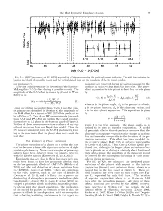 The Most Eccentric Exoplanet Known 9
Fig. 7.— MOST photometry of HD 20782 acquired for ∼7 days surrounding the predicted transit mid-point. The solid line indicates the
location and depth of a possible transit and the vertical dashed lines are the boundaries of the 3σ transit window.
our photometry.
A further consideration is the detection of the Rossiter-
McLaughlin (R-M) eﬀect during a possible transit. The
amplitude of the R-M eﬀect is shown by (Gaudi & Winn
2007) to be
KR = v sin i
(Rp/R⋆)2
1 − (Rp/R⋆)2
(1)
Using our stellar parameters from Table 1 and the tran-
sit parameters described in Section 6, the amplitude of
the R-M eﬀect for a transit of HD 20782b is predicted to
be ∼15.5 m s−1
. Two of our RV measurements (one each
from AAT and PARAS) are within the transit window,
shown close to 0.5 phase in the bottom panel of Figure 2.
Neither of these measurements show evidence of any sig-
niﬁcant deviation from our Keplerian model. Thus the
RV data are consistent with the MOST photometry lead-
ing to the conclusion that the planet does not transit the
host star.
7.3. Evidence of Phase Variations
The phase variations of a planet as it orbits the host
star has become a detectable signature in the era of high-
precision photometry. Numerous examples of phase sig-
natures have been detected from the planets detected
with the Kepler mission (Esteves et al. 2013, 2015).
Exoplanets that are close to their host stars have gen-
erally been found to have low geometric albedos, such
as the low geometric albedo of HAT-P-7b (Welsh et al.
2010) and the null detection of phase variations from
HD 209458b (Rowe et al. 2008). There are exceptions
to the rule, however, such as the case of Kepler-7b
(Demory et al. 2011), and it is likely that a greater un-
derstanding of atmospheric processes is needed to explain
this diversity (Demory 2014). Kane & Gelino (2010) de-
veloped a geometric albedo model that scales the geomet-
ric albedo with star–planet separation. The implication
of the model for planets in eccentric orbits is that the
geometric albedo is time dependent, with an assumption
that reﬂective/scattering condensates in the upper at-
mosphere are removed during periastron passage by the
increase in radiative ﬂux from the host star. The gener-
alized expression for the planet to host ﬂux ratio is given
by
ǫ(α, λ) ≡
fp(α, λ)
f⋆(λ)
= Ag(λ)g(α, λ)
R2
p
r2
(2)
where α is the phase angle, Ag is the geometric albedo,
g is the phase function, Rp is the planetary radius, and
r is the star–planet separation. This separation is given
by
r =
a(1 − e2
)
1 + e cosf
(3)
where f is the true anomaly. The phase angle, α, is
deﬁned to be zero at superior conjunction. A model
of geometric albedo time-dependence assumes that the
planetary atmosphere responds to the change in incident
ﬂux on timescales comparable to the duration of the pe-
riastron encounter. This eﬀect has been modeled for
the eccentric planet HAT-P-2b at infrared wavelengths
by Lewis et al. (2013). Thus Kane & Gelino (2010) pre-
dicted that, although the largest phase variations of ec-
centric planets occur during a relatively short fraction of
their orbital phase, the amplitude of the signature would
be lowered by the subsequent darkening of their atmo-
spheres during periastron.
For HD 20782b, we calculated the predicted phase
variations of the planet with respect to the inferior
conjunction (transit) and periastron times, shown as a
dashed line in the top panel of Figure 8. These or-
bital locations are very close to each other (see Fig-
ure 1), separated by only 0.66 days. The location
of superior conjunction where α = 0 occurs 5.63
days after the periastron passage. All three of these
orbital locations are covered by the MOST observa-
tions described in Section 7.2. We include the ad-
ditional eﬀects of ellipsoidal variations (Drake 2003;
Zucker et al. 2007; Kane & Gelino 2012b) and Doppler
boosting (Loeb & Gaudi 2003; Faigler & Mazeh 2011) in
 