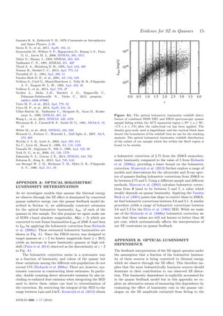 Evidence for SZ in Quasars 15
Sunyaev R. A., Zeldovich Y. B., 1970, Comments on Astrophysics
and Space Physics, 2, 66
Swetz D. S., et al., 2011, ApJS, 194, 41
Symeonidis M., Willner S. P., Rigopoulou D., Huang J.-S., Fazio
G. G., Jarvis M. J., 2008, MNRAS, 385, 1015
Tabor G., Binney J., 1993, MNRAS, 263, 323
Tadhunter C. N., 1991, MNRAS, 251, 46P
Thoul A. A., Weinberg D. H., 1995, ApJ, 442, 480
Trainor R., Steidel C. C., 2013, ApJ, 775, L3
Turnshek D. A., 1984, ApJ, 280, 51
Vanden Berk D. E., et al., 2001, AJ, 122, 549
Veilleux S., Cecil G., Bland-Hawthorn J., Tully R. B., Filippenko
A. V., Sargent W. L. W., 1994, ApJ, 433, 48
Veilleux S., et al., 2013, ApJ, 776, 27
Verdier L., Melin J.-B., Bartlett J. G., Magneville C.,
Palanque-Delabrouille N., Y`eche C., 2015, preprint,
(arXiv:1509.07306)
Viero M. P., et al., 2013, ApJ, 779, 32
Viero M. P., et al., 2014, ApJS, 210, 22
Villar-Mart´ın M., Tadhunter C., Morganti R., Axon D., Koeke-
moer A., 1999, MNRAS, 307, 24
Wang L., et al., 2015, MNRAS, 449, 4476
Weymann R. J., Carswell R. F., Smith M. G., 1981, ARA&A, 19,
41
White M., et al., 2012, MNRAS, 424, 933
Worseck G., Fechner C., Wisotzki L., Dall’Aglio A., 2007, A&A,
473, 805
Wyithe J. S. B., Loeb A., 2003, ApJ, 595, 614
Xu C., Livio M., Baum S., 1999, AJ, 118, 1169
Yamada M., Sugiyama N., Silk J., 1999, ApJ, 522, 66
York D. G., et al., 2000, AJ, 120, 1579
Zakamska N. L., Greene J. E., 2014, MNRAS, 442, 784
Zubovas K., King A., 2012, ApJ, 745, L34
van Breugel W. J. M., Heckman T. M., Miley G. K., Filippenko
A. V., 1986, ApJ, 311, 58
APPENDIX A: OPTICAL BOLOMETRIC
LUMINOSITY DETERMINATION
As we investigate models that assume the thermal energy
we observe through the SZ eﬀect is dominated by converted
quasar radiative energy (see the quasar feedback model de-
scribed in Section 4), we additionally construct estimates
for the optical bolometric luminosity, Lbol, of each of the
quasars in this sample. For this purpose we again make use
of SDSS i-band absolute magnitudes, MI(z = 2) which are
converted to rest-frame luminosities L2500 at 2500 ˚A and then
to Lbol by applying the bolometric correction from Richards
et al. (2006a). These estimated bolometric luminosities are
shown in Fig. A1. Since the DR10 survey was designed to
target quasars at z > 2 its fainter magnitude limit (i < 20.5)
yields an increase in lower luminosity quasars at high red-
shift (Pˆaris et al. 2014) observed as the discontinuity at z ∼ 2
in Fig. A1.
The bolometric correction varies in a systematic way
as a function of luminosity and colour of the quasar but
these variations among the diﬀerent sub-populations do not
exceed 15% (Richards et al. 2006a). There are, however, sys-
tematic concerns in constructing these estimates. In partic-
ular, double counting direct ultraviolet emission by also in-
cluding re-radiated dust emission when integrating the SED
used to derive these values can lead to overestimation of
the correction. By restricting the integral of the SED to the
range between 1µm and 2 keV, Krawczyk et al. (2013) obtain
0.0 0.5 1.0 1.5 2.0 2.5 3.0 3.5 4.0
z
1045
1046
1047
Lbol[erg/s]
Figure A1. The optical bolometric luminosity–redshift distri-
bution of combined SDSS DR7 and DR10 spectroscopic quasar
sample falling within the ACT equatorial region (−55◦ α 58◦,
−1.◦5 δ 1.◦5) after the radio-loud cut has been applied. The
density grey-scale used is logarithmic and the vertical black lines
denote the boundaries of the redshift bins we use for the stacking
analysis. The optical bolometric luminosity–redshift distribution
of the subset of our sample which lies within the HerS region is
found to be similar.
a bolometric correction of 2.75 from the 2500˚A monochro-
matic luminosity compared to the value of 5 from Richards
et al. (2006a), providing a lower bound on the bolometric
correction. Krawczyk et al. (2013) further explore a range of
models and observations for the ultraviolet and X-ray spec-
tra of quasars ﬁnding bolometric corrections from 2500˚A to
lie between 2.75 and 5. Using a diﬀerent sample and diﬀerent
methods, Marconi et al. (2004) calculate bolometric correc-
tions from B band to be between 5 and 7, a value which
weakly depends on quasar luminosity. Applying the Vanden
Berk et al. (2001) power-law slope to correct these to 2500˚A,
we ﬁnd bolometric corrections between 3.6 and 5.1. A similar
procedure yields a range of bolometric corrections between
3.6 and 7.3 for the Elvis et al. (1994) SED. While we make
use of the Richards et al. (2006a) bolometric correction we
note that these values are still not known to better than 40
per cent, which systematically aﬀects the interpretation of
our SZ constraints on quasar feedback.
APPENDIX B: OPTICAL LUMINOSITY
DEPENDENCE
The feedback interpretation of the SZ signal operates under
the assumption that a fraction of the bolometric luminos-
ity of these sources is being converted to thermal energy
which we observe through the SZ eﬀect. This therefore im-
plies that the most bolometrically luminous sources should
dominate in their contribution to our observed SZ distor-
tion. This luminosity dependence is explicitly accounted for
in the quasar feedback model but in this appendix we ex-
plore an alternative means of measuring this dependence by
evaluating the eﬀect of luminosity cuts in the quasar cat-
alogue on the SZ amplitude extracted from ﬁtting to the
MNRAS 000, 1–17 (2016)
 
