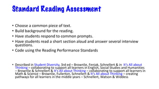 Standard Reading Assessment
• Choose a common piece of text.
• Build background for the reading.
• Have students respond to common prompts.
• Have students read a short section aloud and answer several interview
questions.
• Code using the Reading Performance Standards
• Described in Student Diversity, 3rd ed – Brownlie, Feniak, Schnellert & in It’s All about
Thinking – collaborating to support all learners in English, Social Studies and Humanities
– Brownlie & Schnellert & It’s All about Thinking – collaborating to support all learners in
Math & Science – Brownlie, Fullerton, Schnellert & It’s All about Thinking – creating
pathways for all learners in the middle years – Schnellert, Watson & Widdess
 