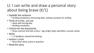 LI: I can write and draw a personal story
about being brave (K/1)
• Explode the sentence
• building vocabulary, connecting ideas, setting a purpose for reading
• Think of a time…act out
• Work with the big idea
• Building vocabulary
• Criteria for the draw/write
• Draw a picture that tells a story – big, bright, bold, add letters, sounds, words
• Write
• 1:1 feedback, extend the thinking
• Author’s circle
• Share their work, praise or question
• Read the story
 