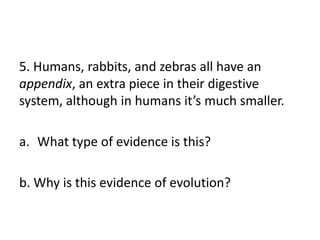 5. Humans, rabbits, and zebras all have an
appendix, an extra piece in their digestive
system, although in humans it’s much smaller.

a. What type of evidence is this?

b. Why is this evidence of evolution?
 