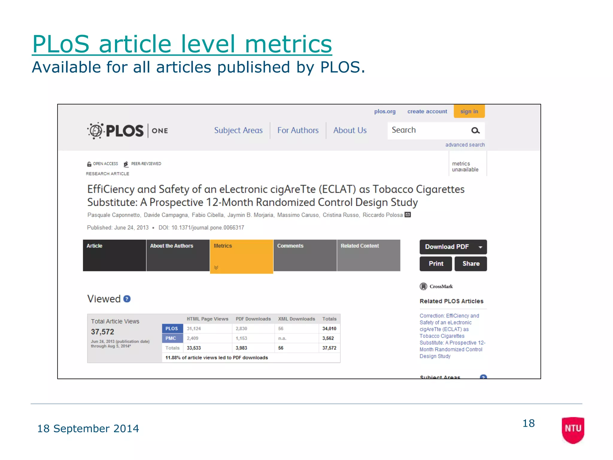 PLoS article level metrics 
Available for all articles published by PLOS. 
18 September 2014 
18 
 